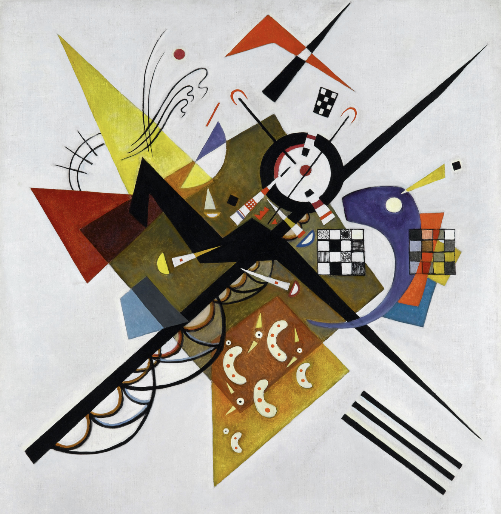 Wassily Kandinsky, On White II, 1923. Geometric abstract composition with intersecting black lines, triangles, and circles in primary colours on a white ground.
